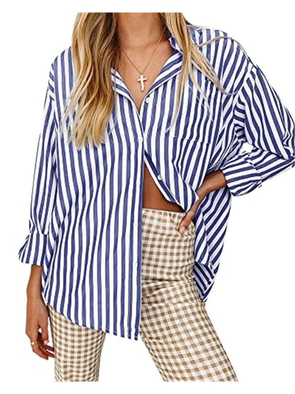 Womens Striped Button Down Shirt V Neck Long Sleeve Blouse Casual Work Top